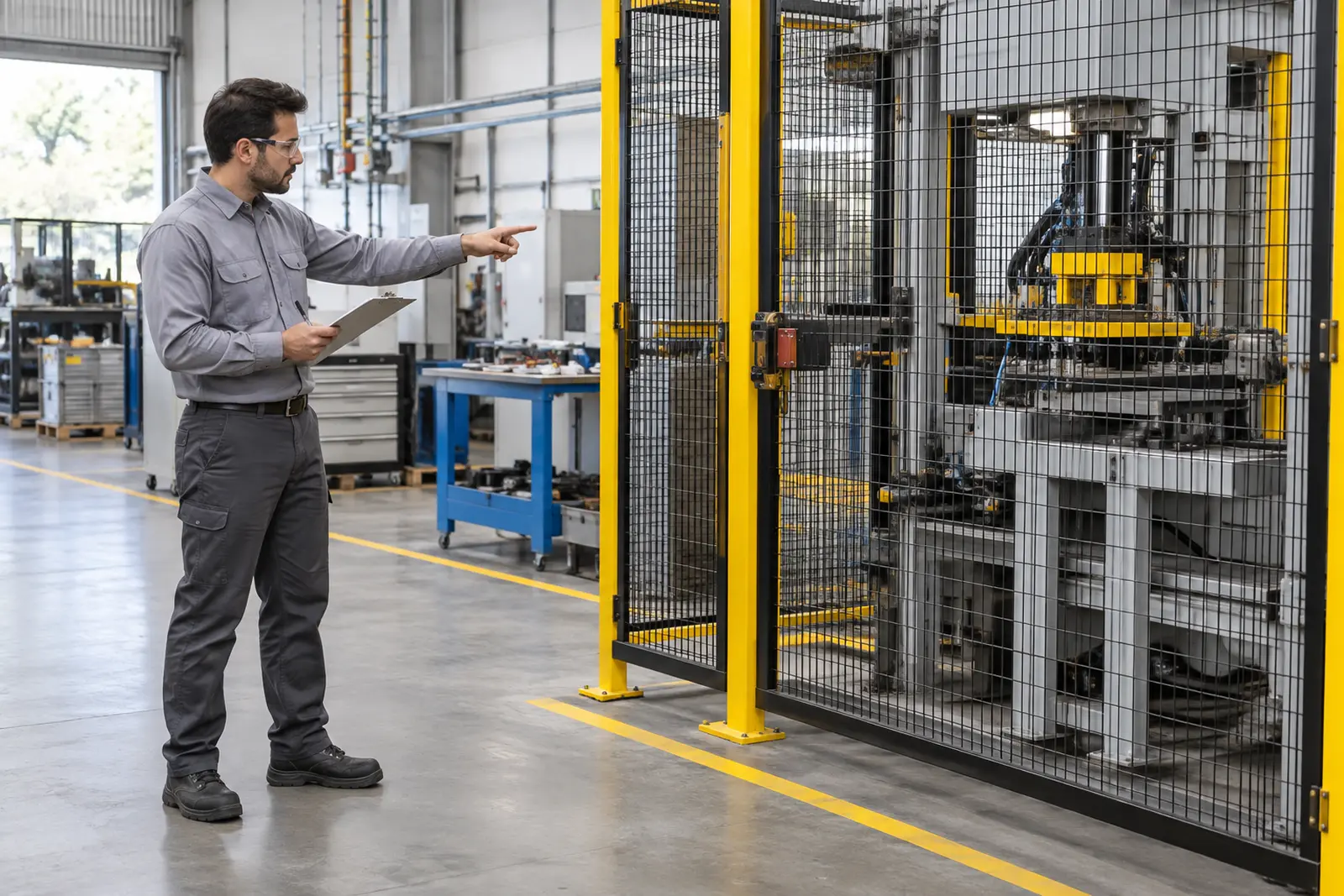 Engenheiro realizando apreciação de riscos em máquina industrial com prancheta