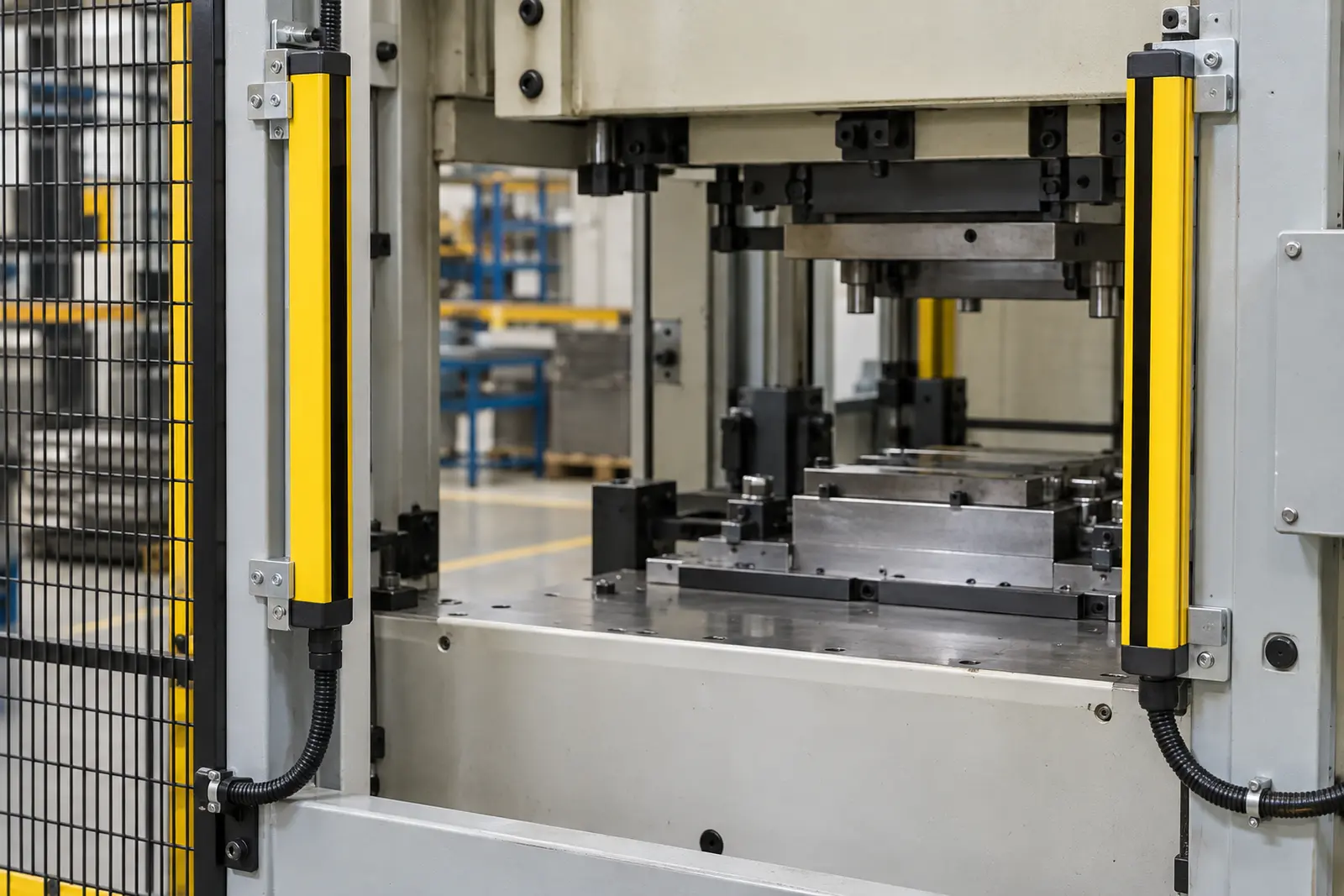 Cortina de luz instalada em ponto de operação de máquina industrial