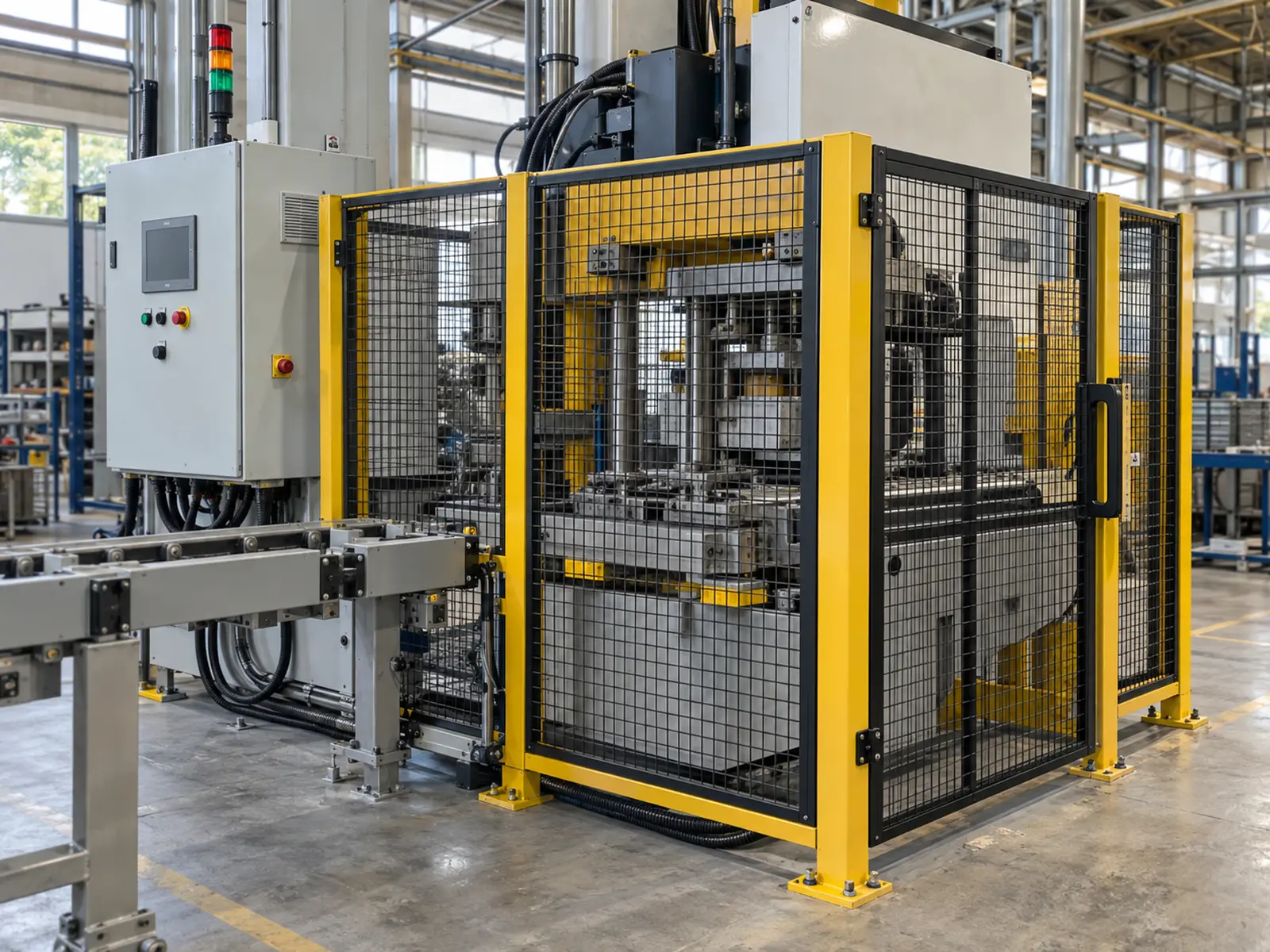 Máquina com comando retrofitado e proteção de segurança instalada.