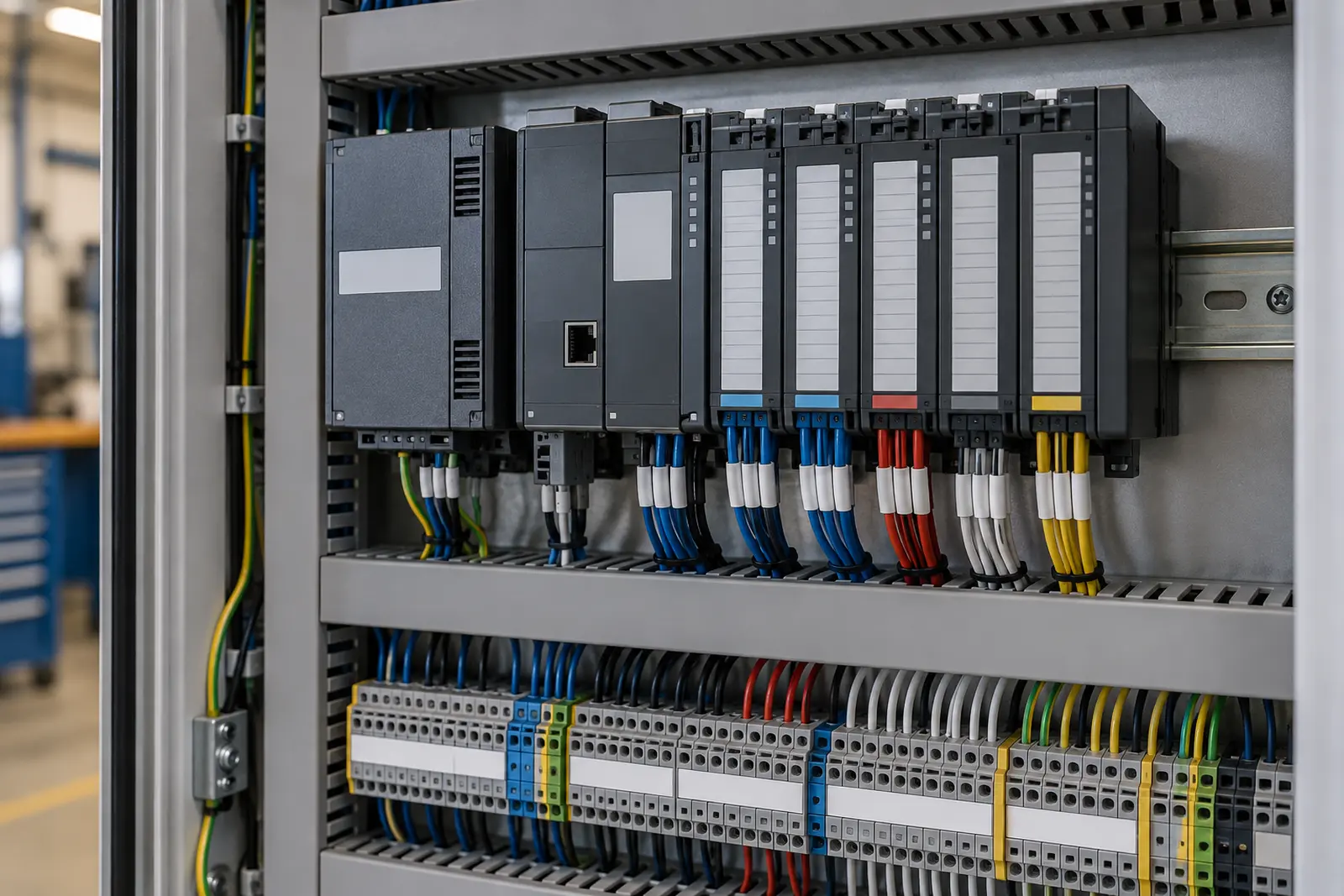 CLP modular com CPU e cartões de entrada e saída montados em trilho, com fiação identificada, dentro de painel industrial