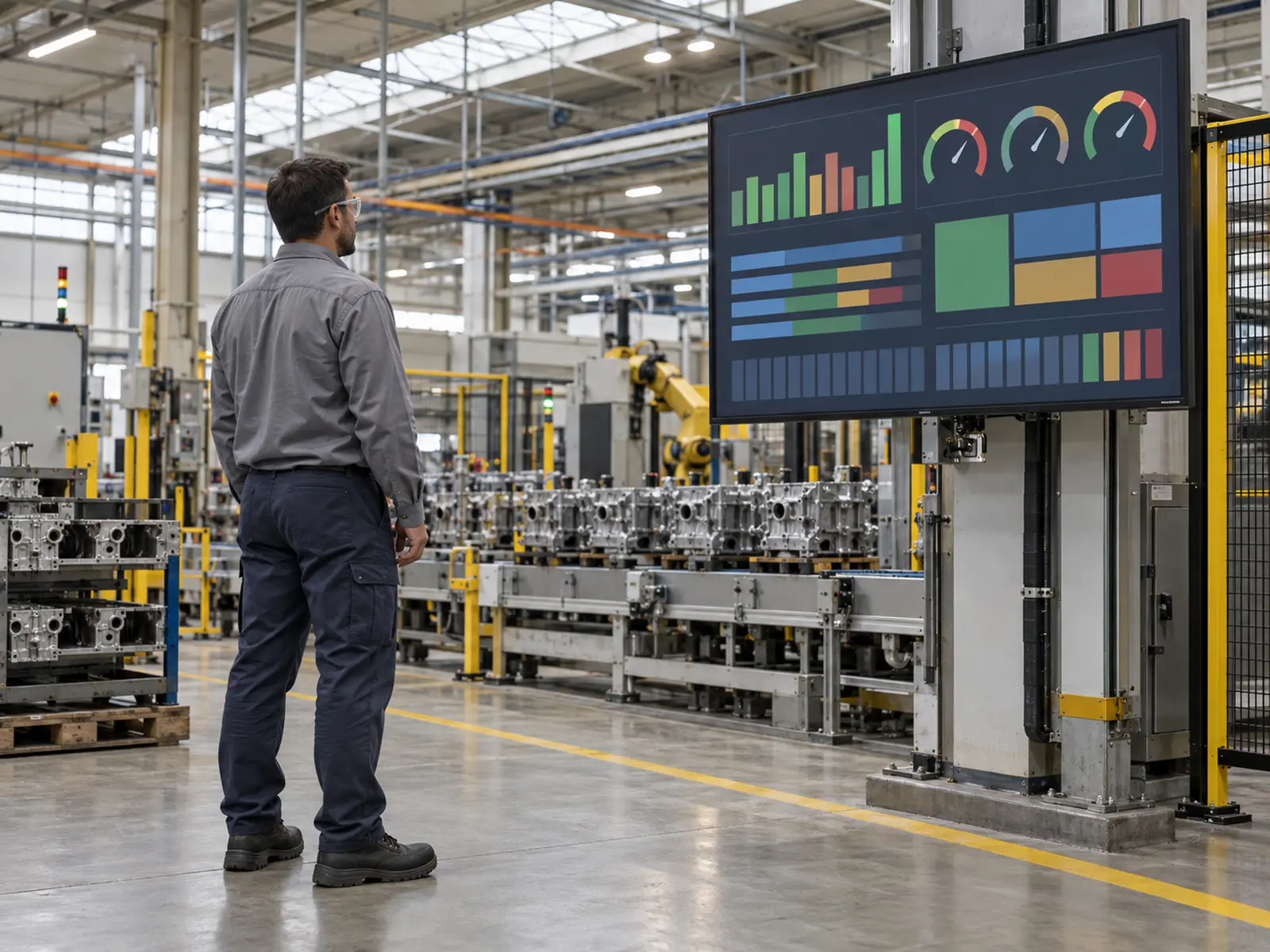 Painel de indicadores de produção instalado no chão de fábrica, com a linha em operação ao fundo
