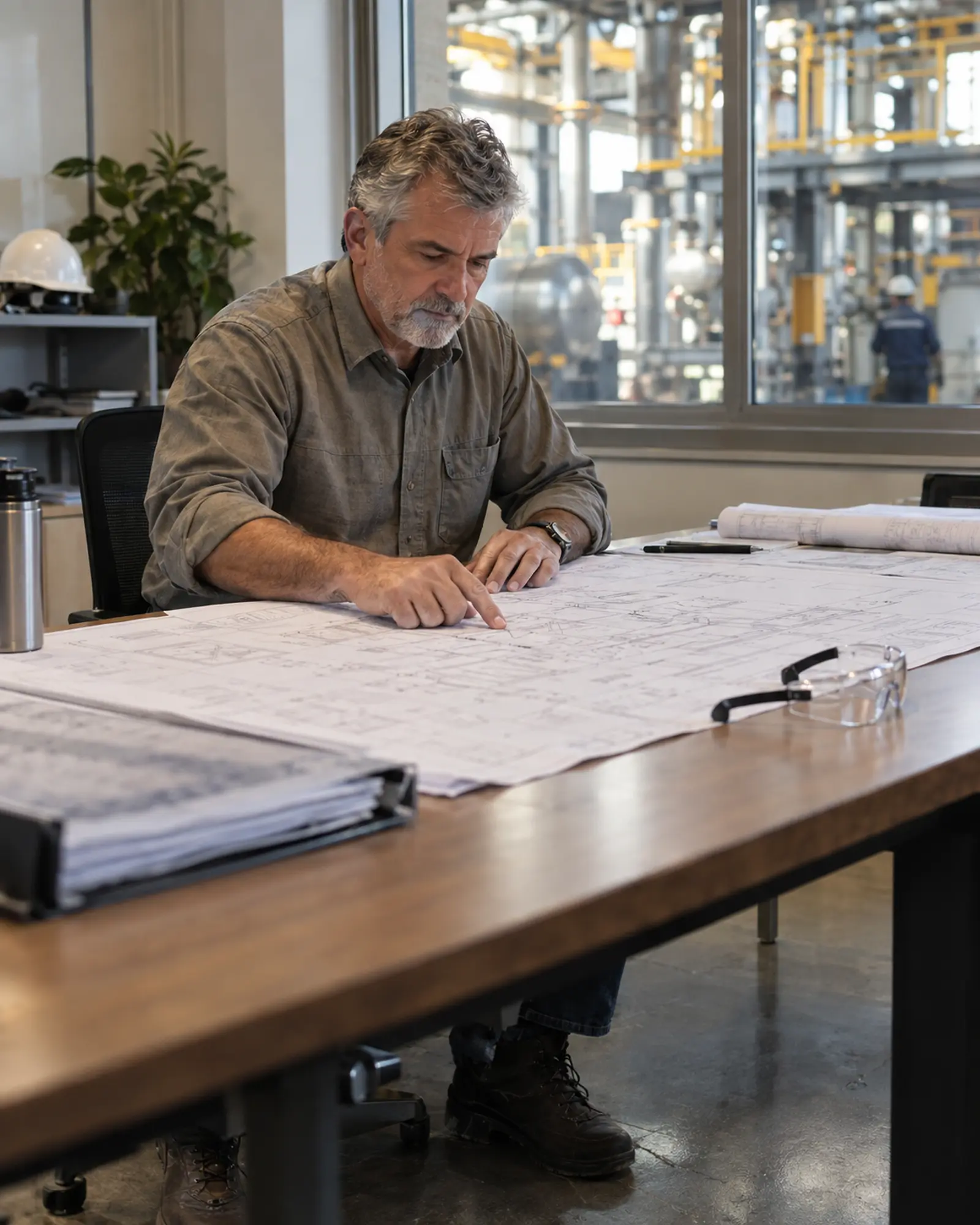 Engenheiro sênior revisando diagramas técnicos, com o chão de fábrica visível ao fundo.
