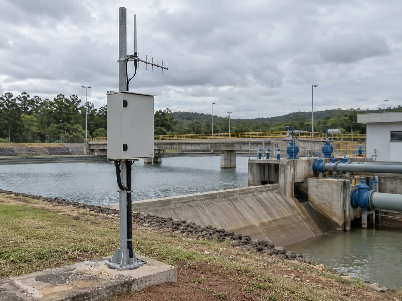 Estação de telemetria monitorada remotamente em operação de saneamento.