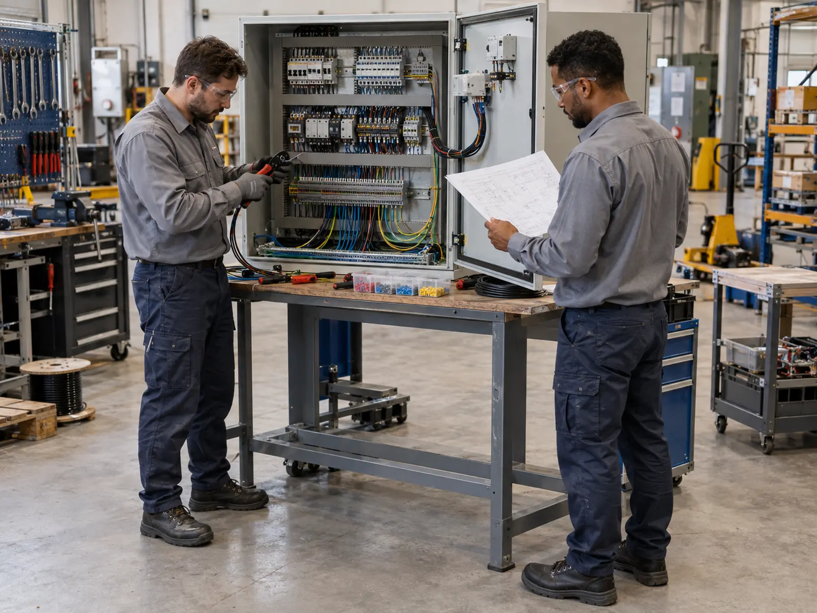 Equipe realizando montagem eletromecânica em painel industrial.