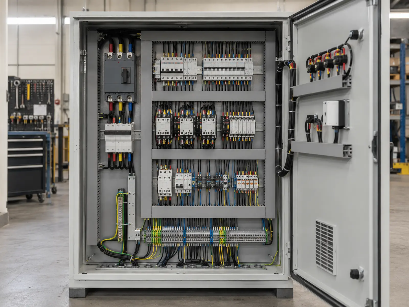 Painel elétrico industrial montado e identificado.