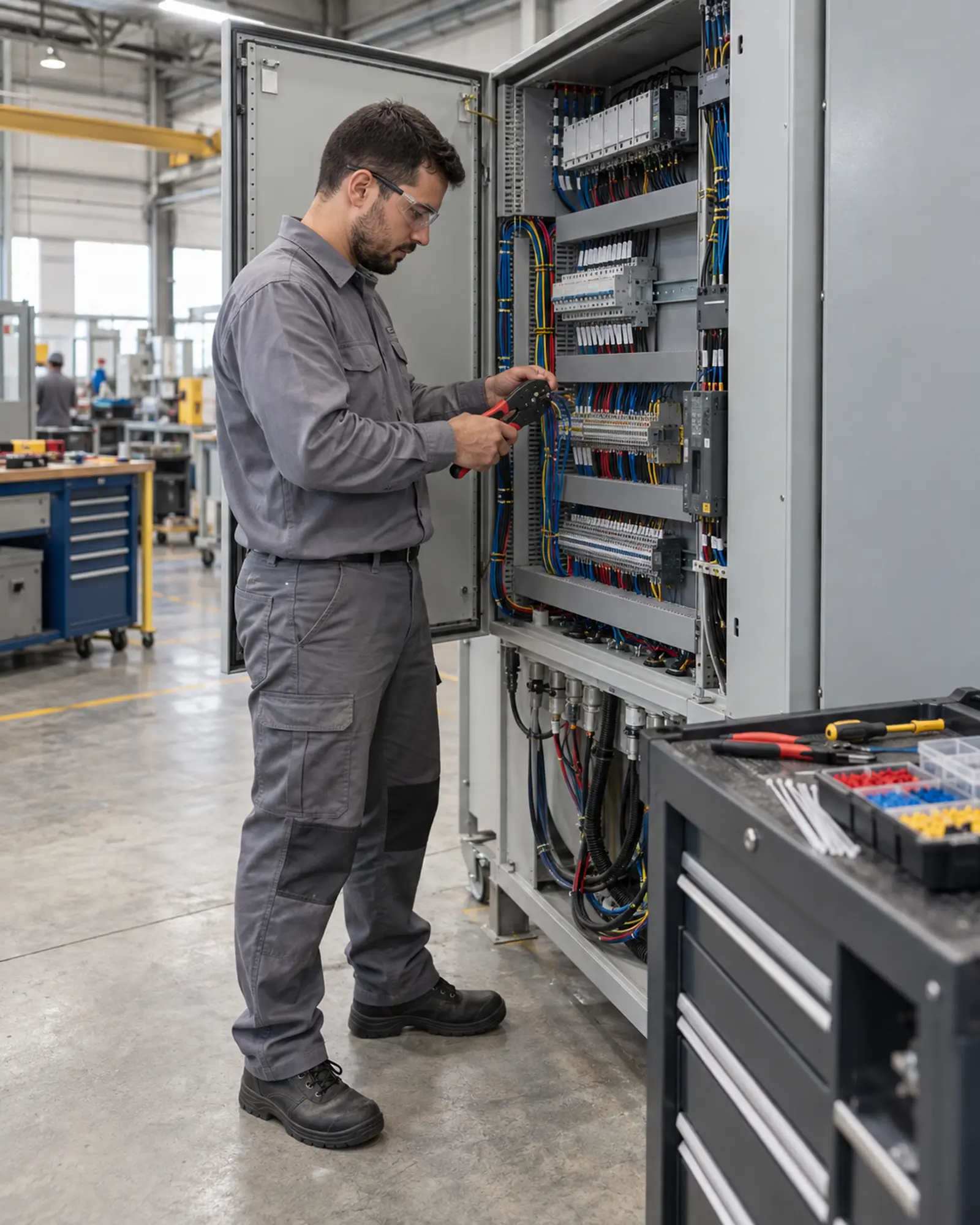 Técnico da EngProcess realizando interligação de cabos em painel elétrico industrial.