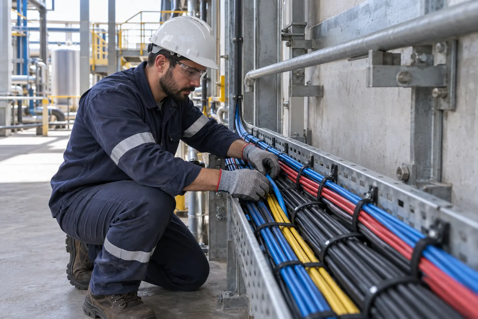 Técnico organizando cabos de instrumentação e elétrica em eletrocalha durante montagem industrial.