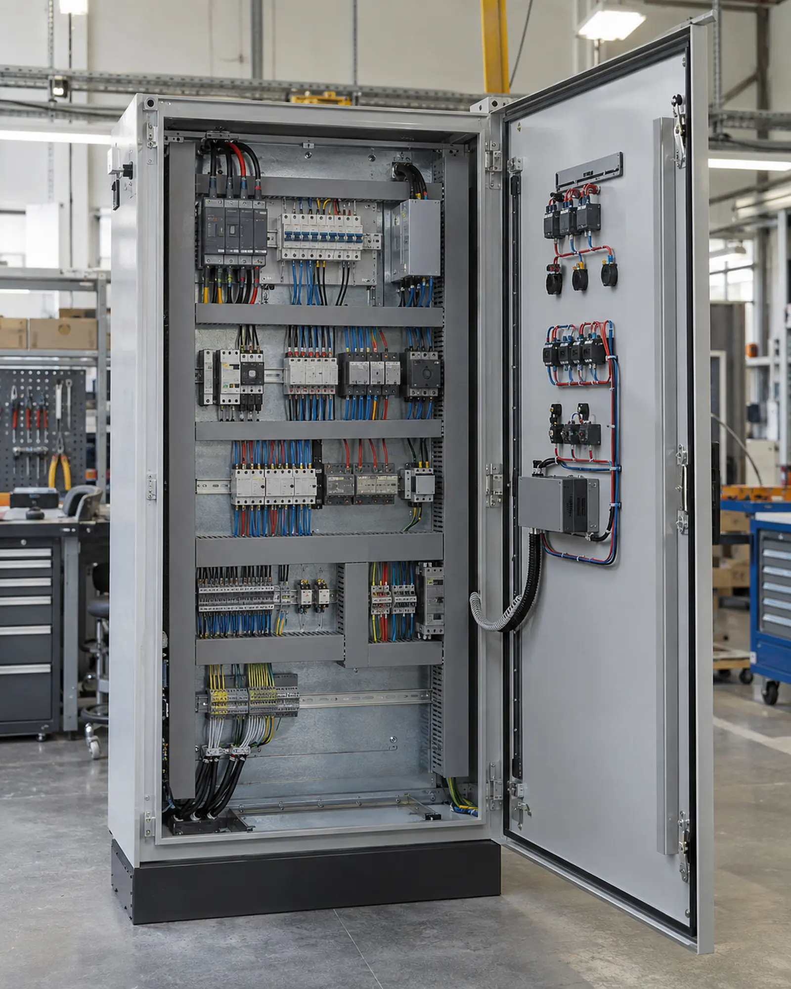 Painel elétrico industrial montado, com porta aberta mostrando fiação identificada.