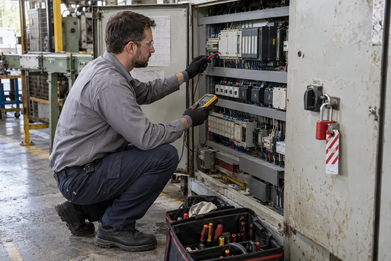 Técnico avaliando CLP obsoleto em painel de máquina antiga
