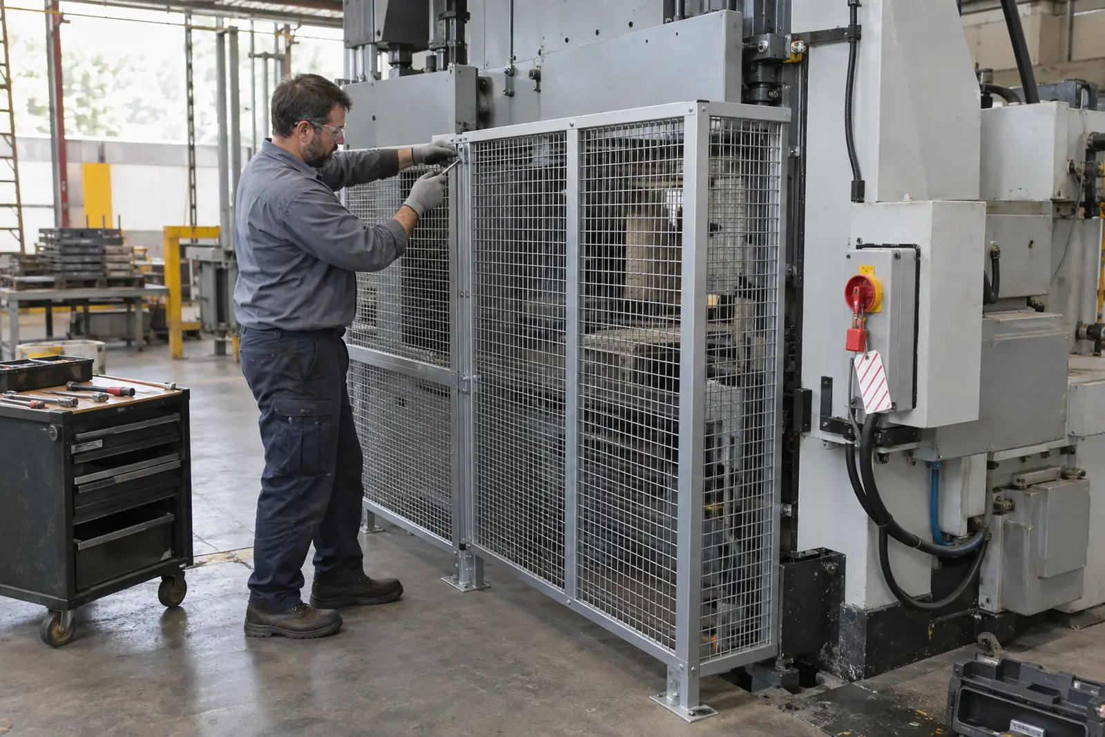 Máquina industrial parada para retrofit, com proteção de segurança sendo instalada.