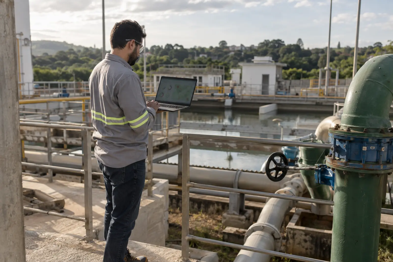 Tela de portal de supervisão remota exibida em notebook durante atendimento técnico.